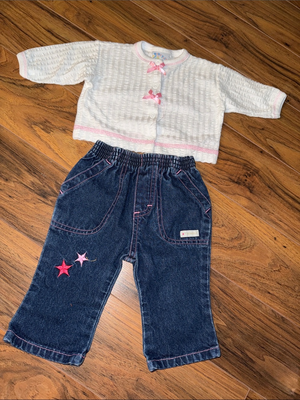 0-3M vintage Baby Girl Denim Pants with White button Cardigan